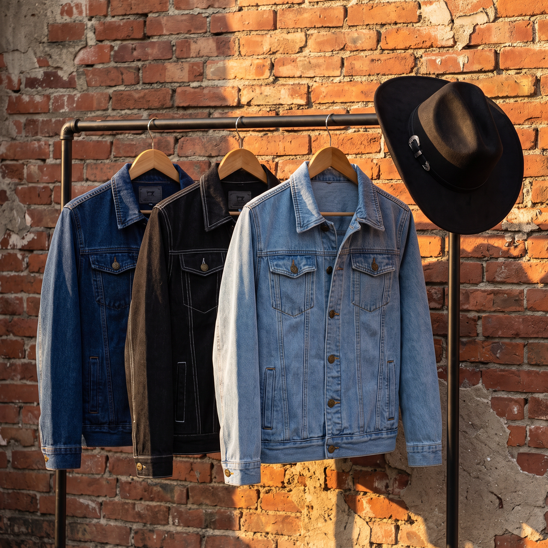 The Whiskey Jacket in dark blue, black and sky blue on a clothing rail with The Whiskey Hat